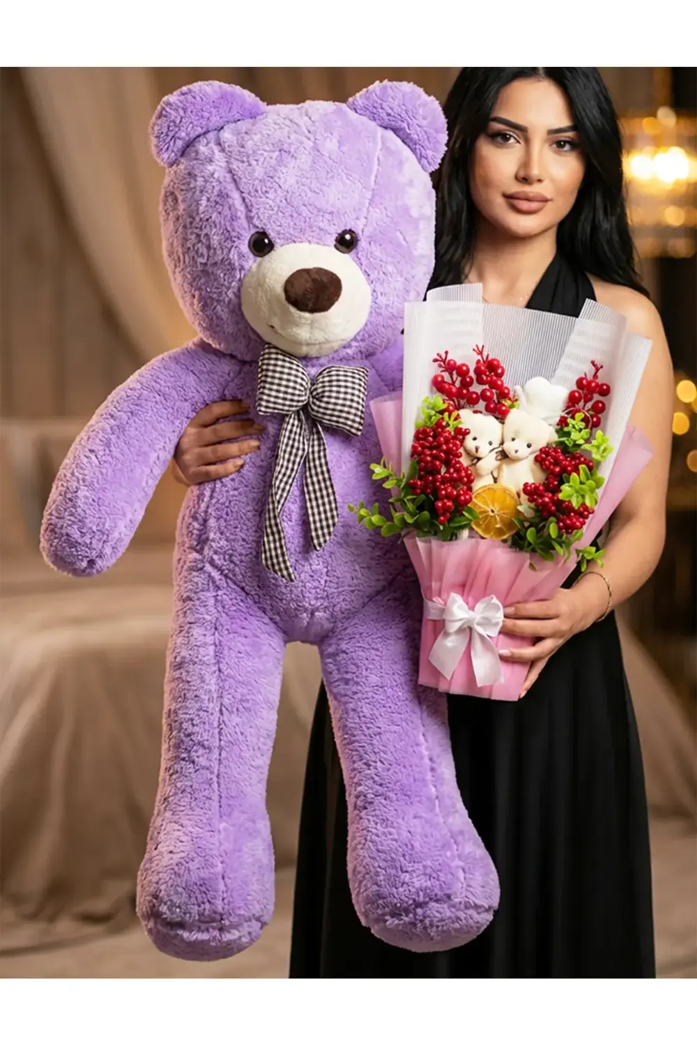 90cm Mor Ayıcık ve Ayıcıklı Kokina Buket - Kokina Hediye - Yılbaş