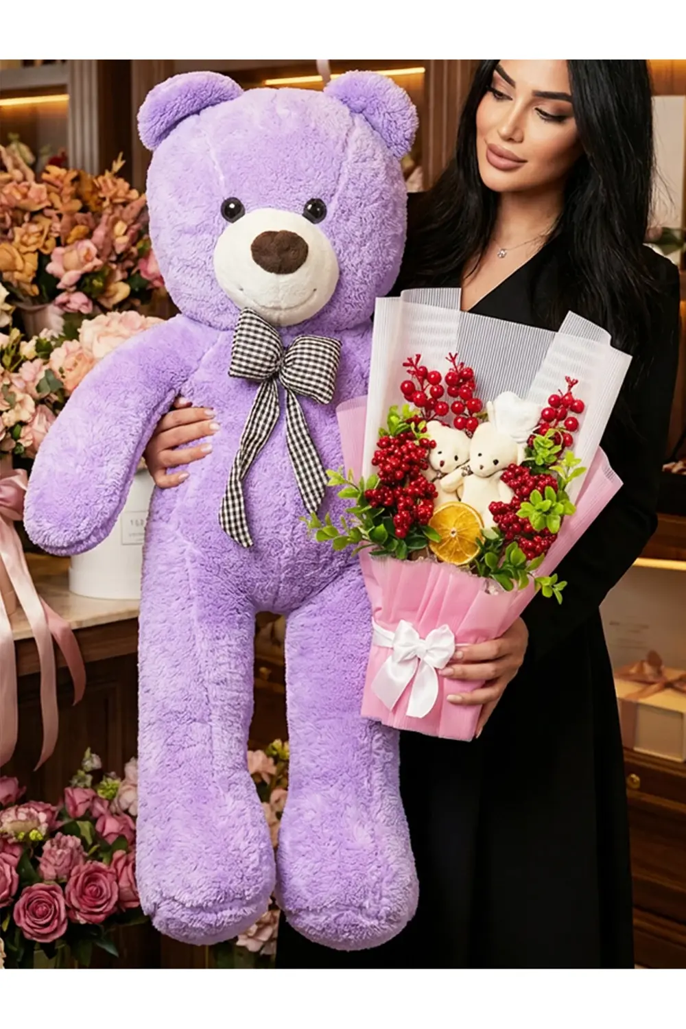 90cm Mor Ayıcık ve Ayıcıklı Kokina Buket - Kokina Hediye - Yılbaş