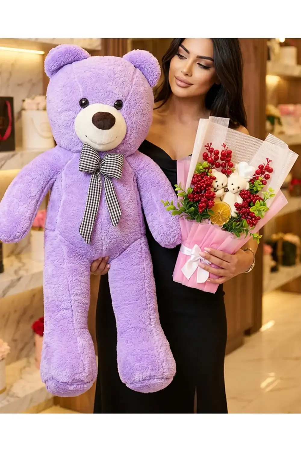 90cm Mor Ayıcık ve Ayıcıklı Kokina Buket - Kokina Hediye - Yılbaş