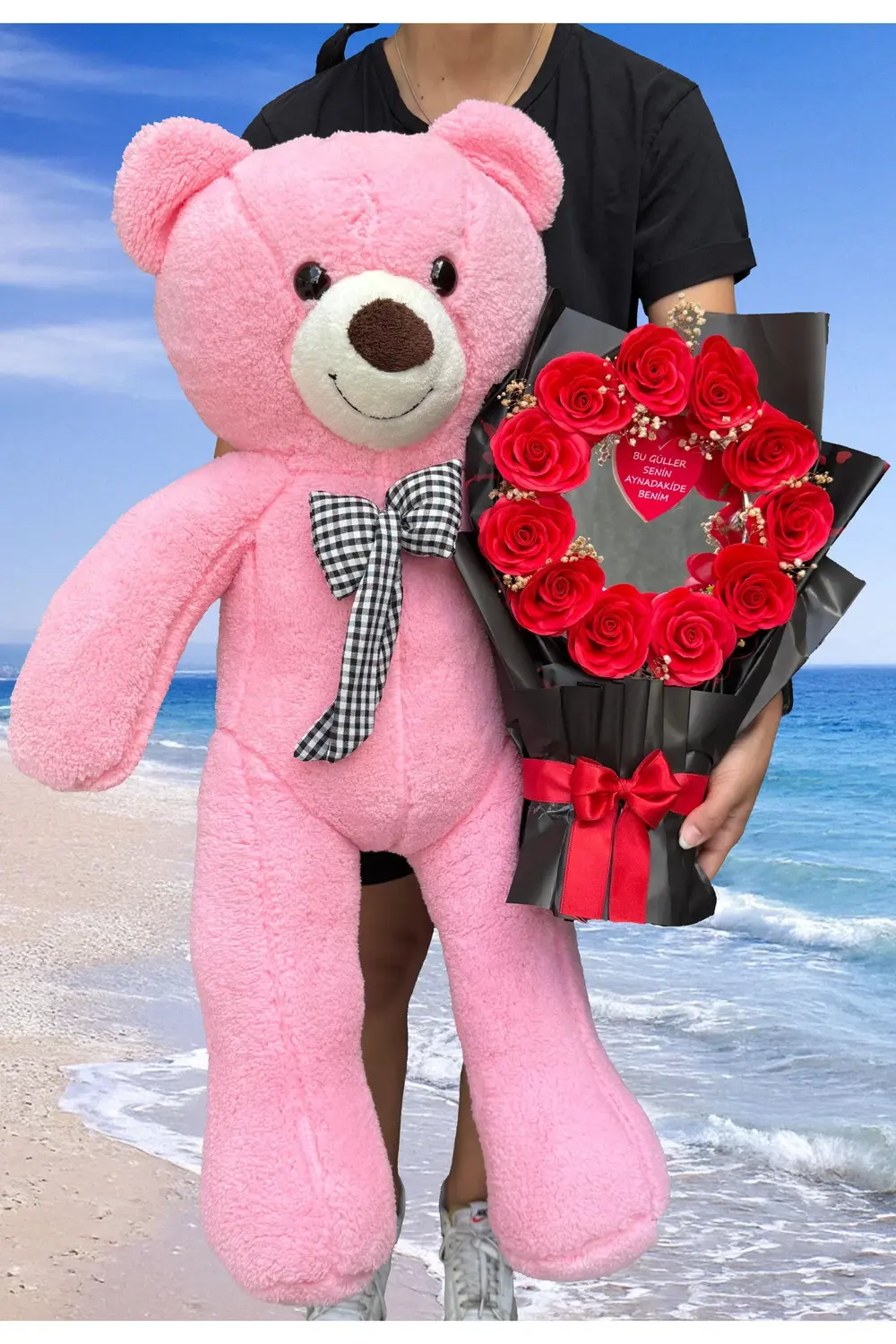 90cm Pembe Ayıcık ve Aynalı Buket - Dogum Gunu Hediye - Sevgili H