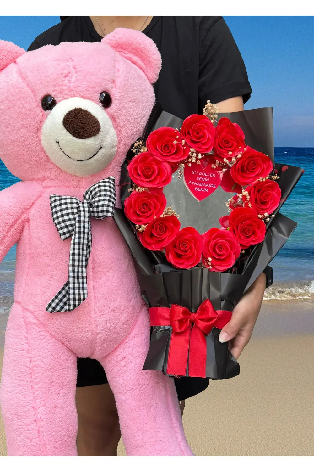 90cm Pembe Ayıcık ve Aynalı Buket - Dogum Gunu Hediye - Sevgili H