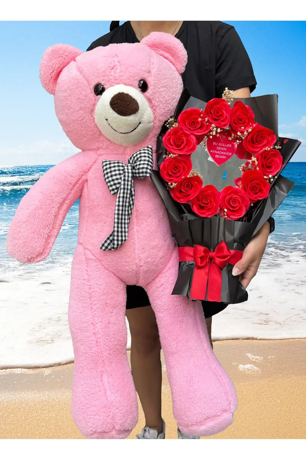 90cm Pembe Ayıcık ve Aynalı Buket - Dogum Gunu Hediye - Sevgili H