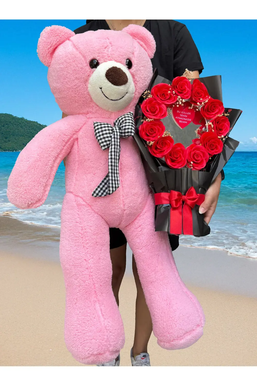 90cm Pembe Ayıcık ve Aynalı Buket - Dogum Gunu Hediye - Sevgili H