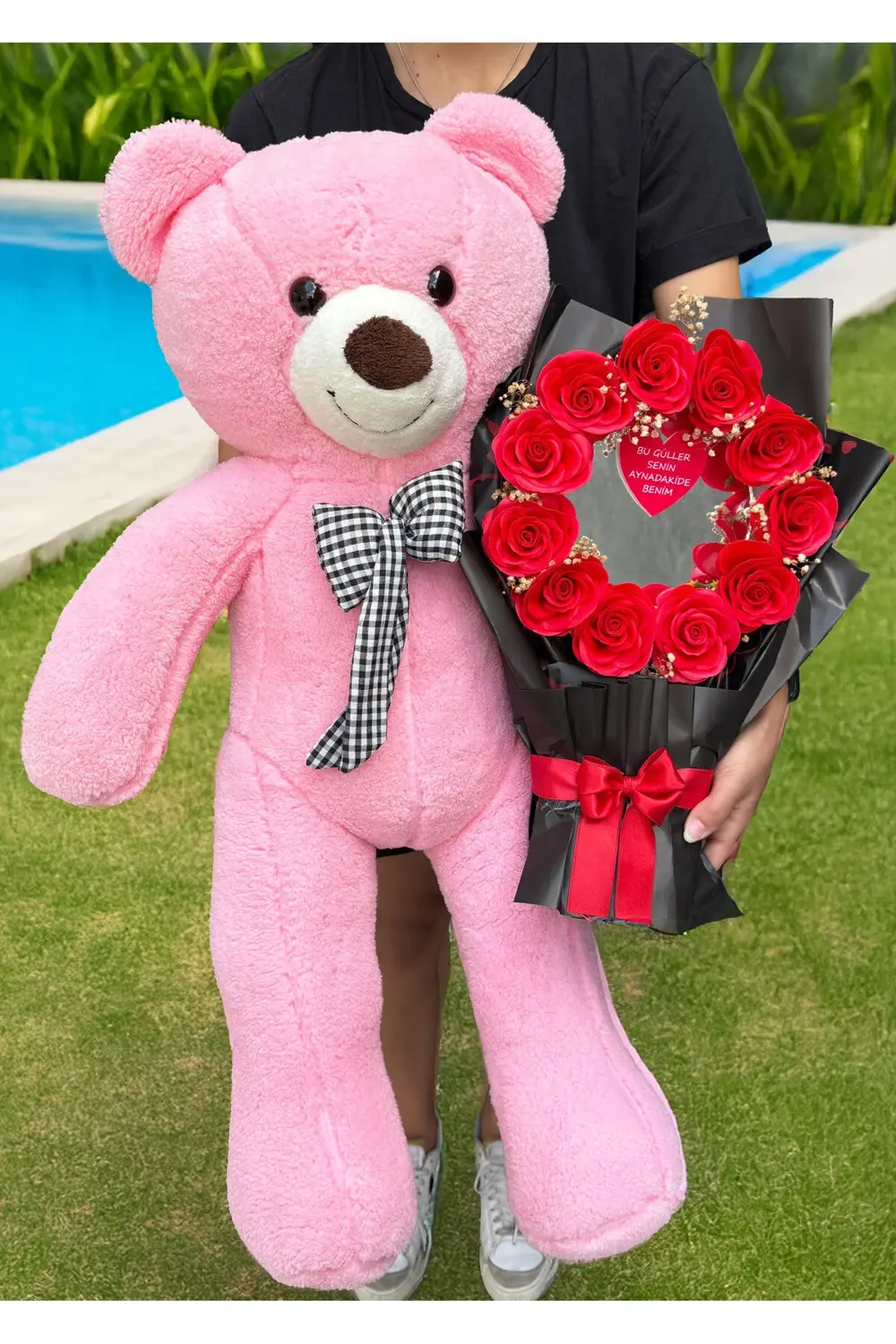 90cm Pembe Ayıcık ve Aynalı Buket - Dogum Gunu Hediye - Sevgili H