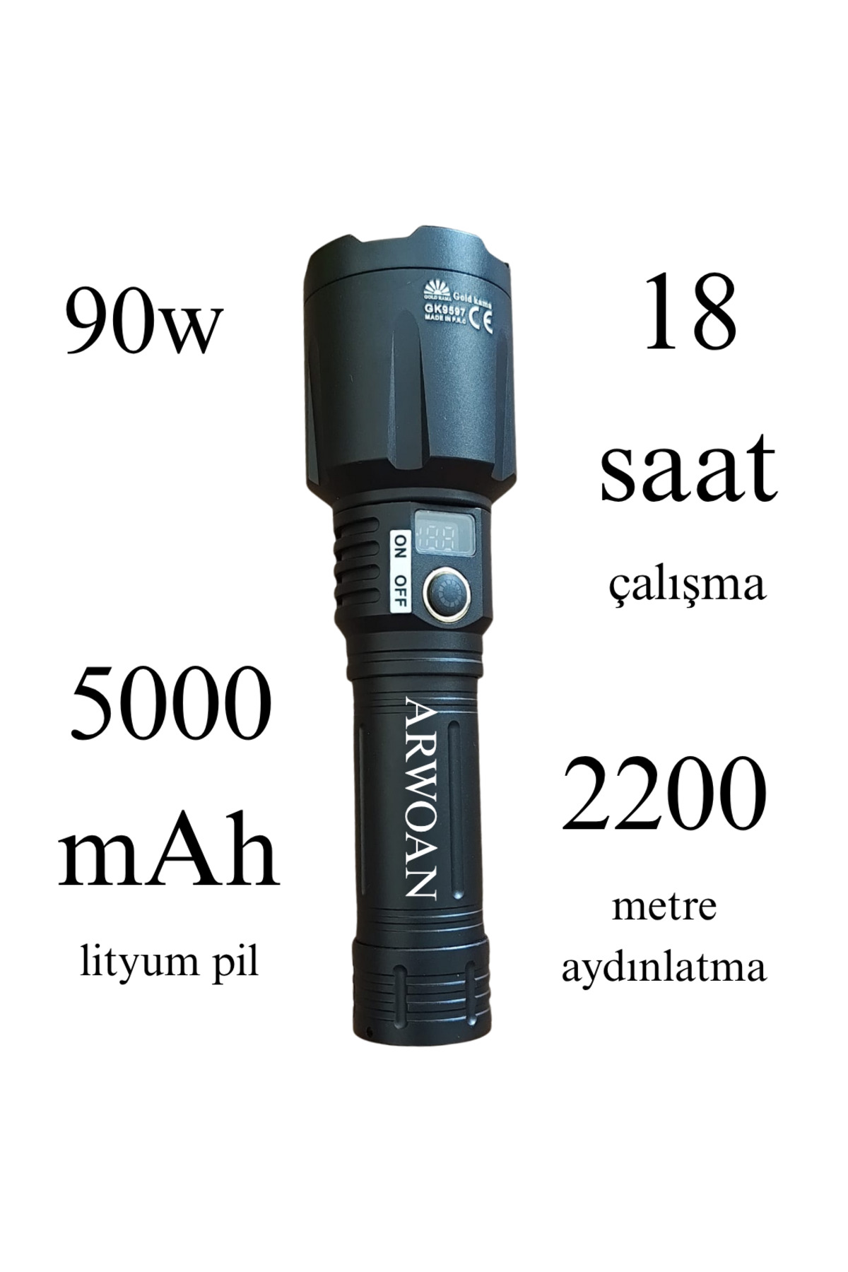 90W Şarjlı LED El Feneri – 2200 Metre Aydınlatma, 5000 mAh Lityum