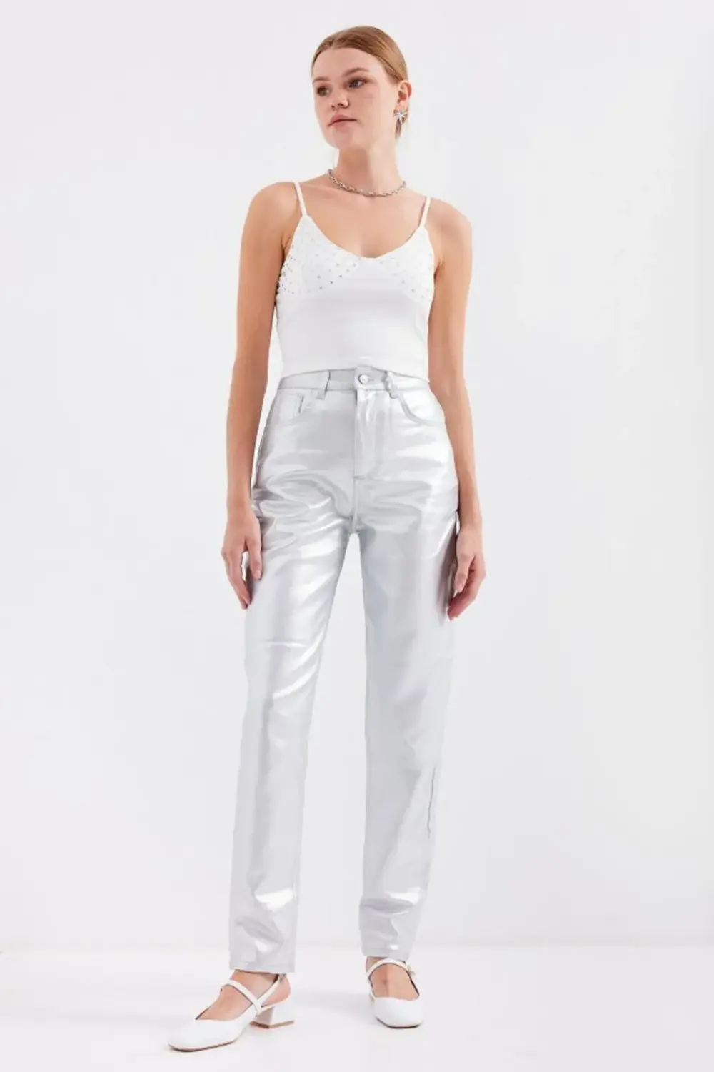 918 İp Askılı Crop Top - Beyaz