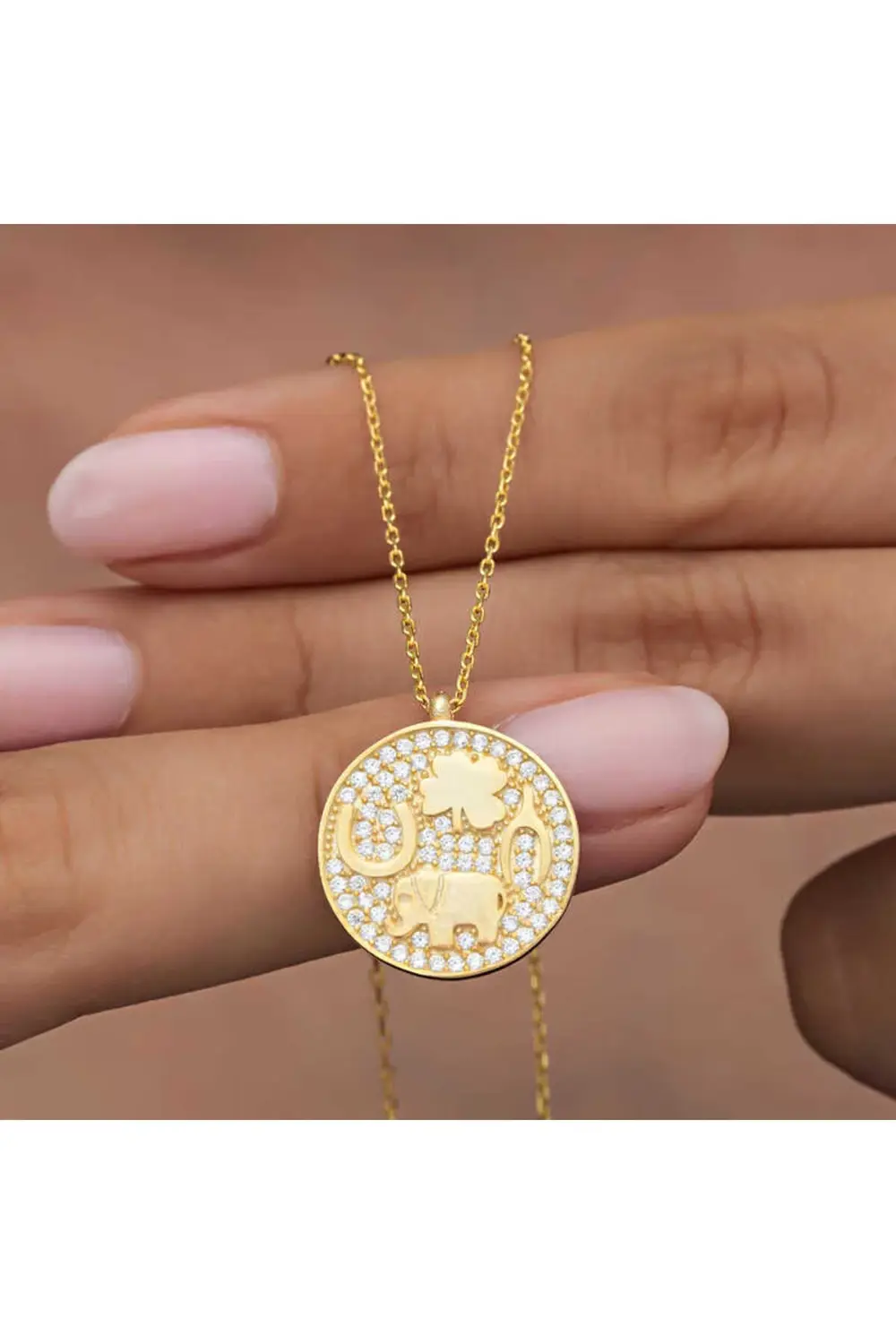 925 Ayar Gümüş Gold Fil Motifli Şans Kadın Kolye