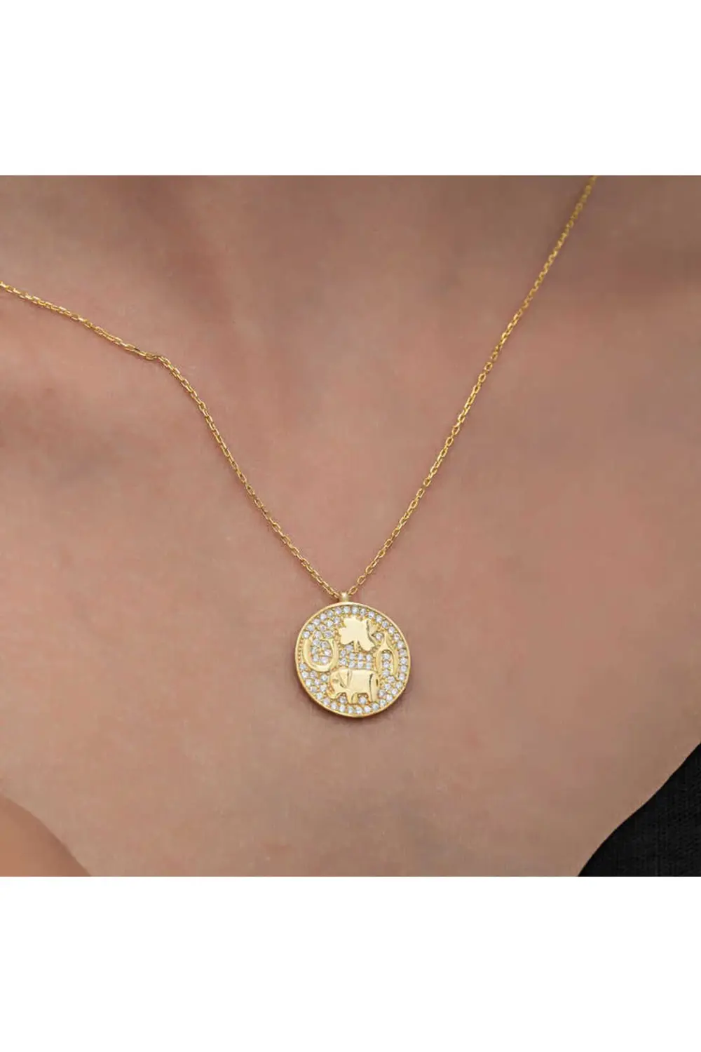 925 Ayar Gümüş Gold Fil Motifli Şans Kadın Kolye