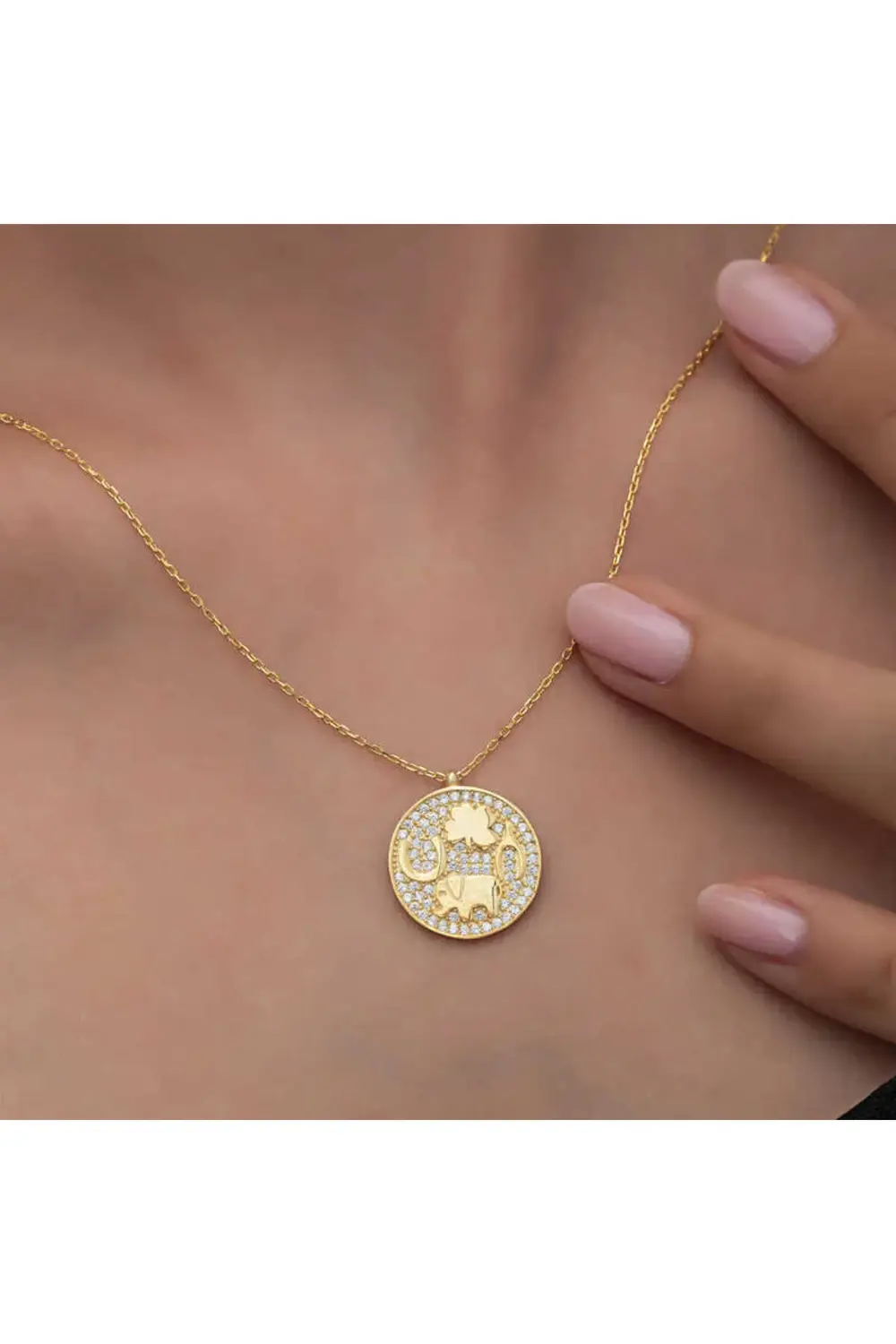 925 Ayar Gümüş Gold Fil Motifli Şans Kadın Kolye
