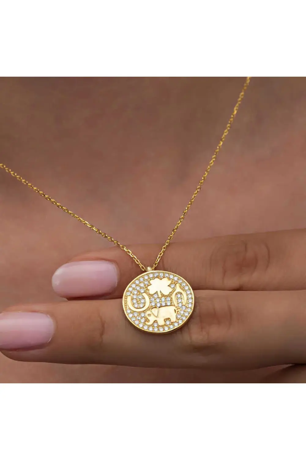 925 Ayar Gümüş Gold Fil Motifli Şans Kadın Kolye