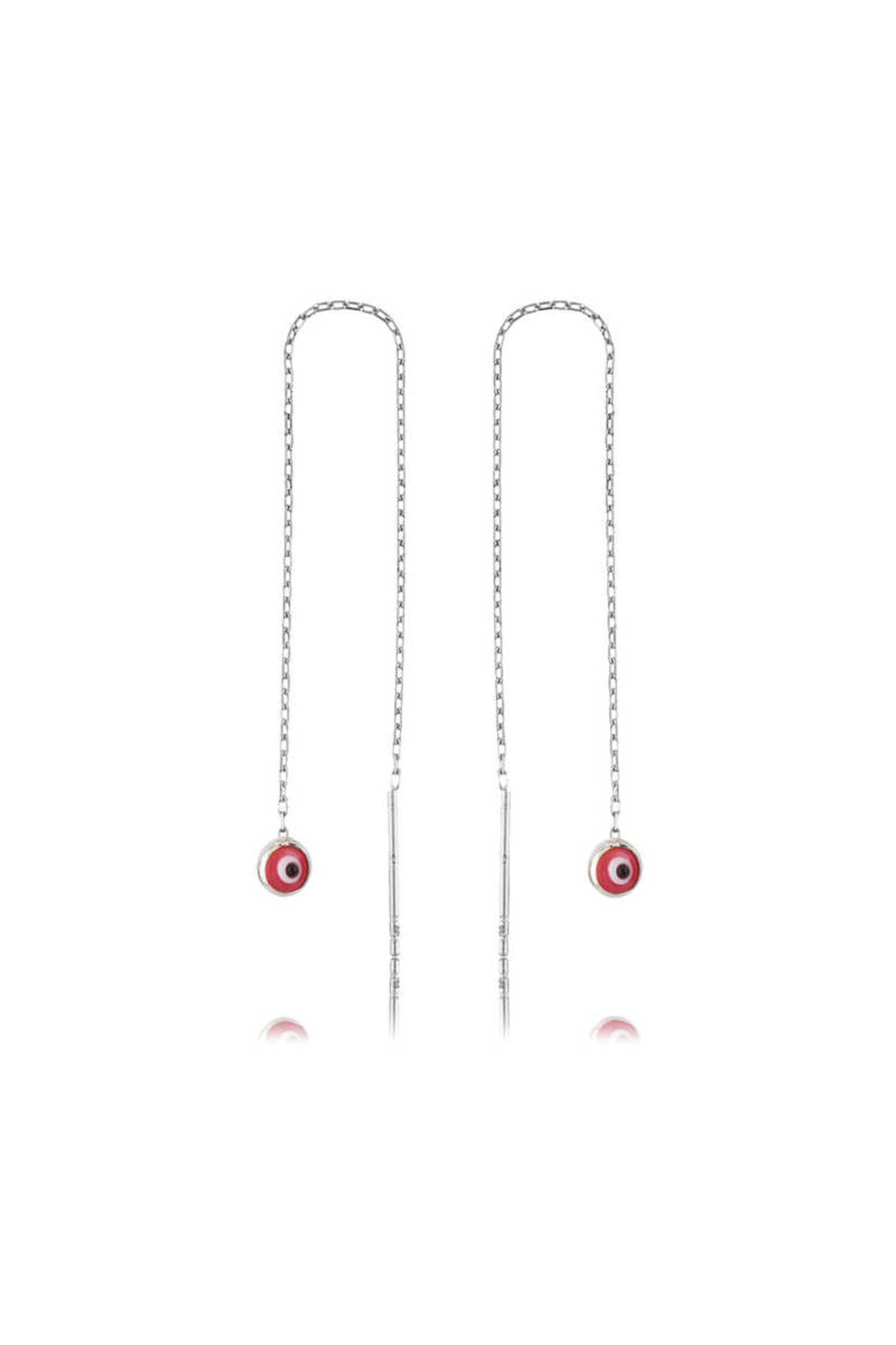 925 Ayar Gümüş Zincirli Pembe Nazar Küpe