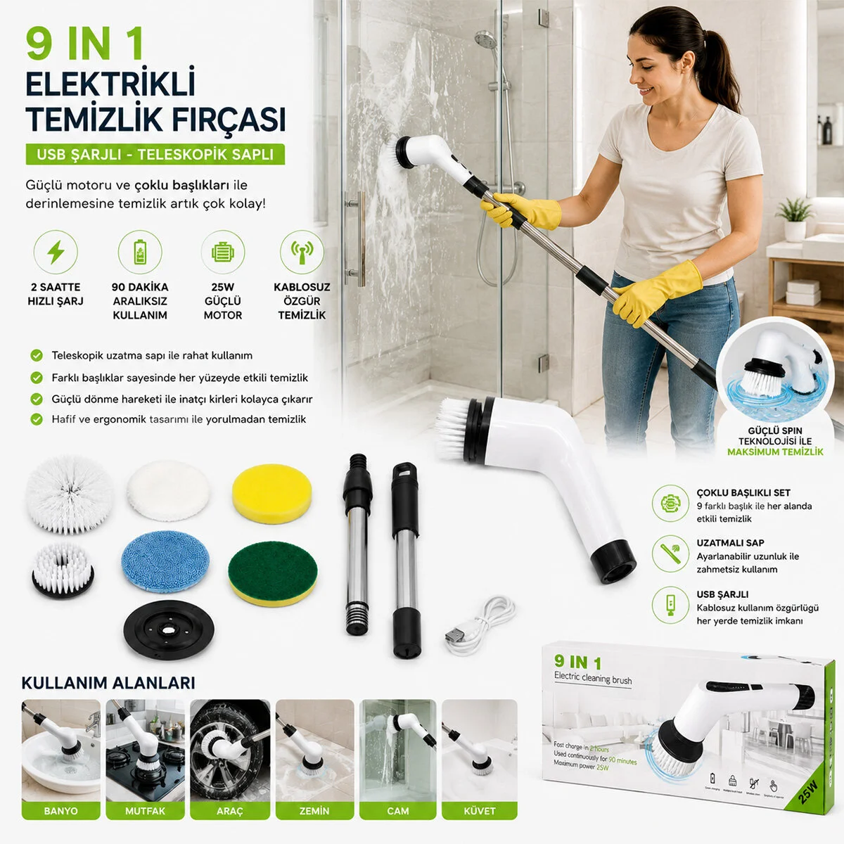9IN1 25W - Kablosuz - Hızlı Şarj Elektrikli Şarjlı Temizlik Fırçası RZG-2026 Fiyatı, Yorumları ve Özellikleri