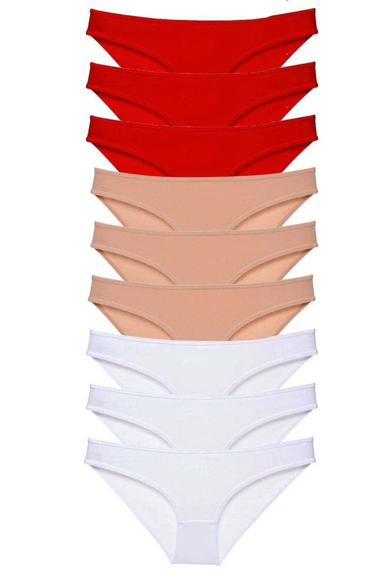9'lu Süper Eko Set Likralı Kadın Slip Külot - Pamuklu Günlük Külot Seti (Kırmızı, Ten, Beyaz)