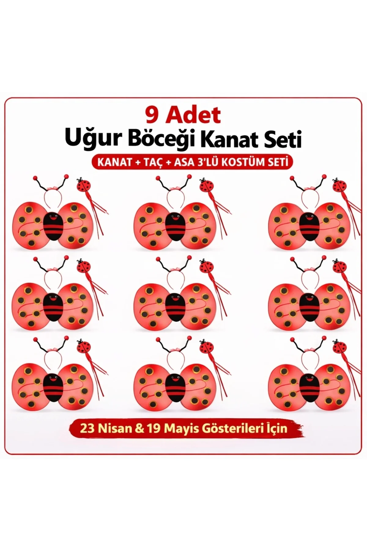9’lu Uğur Böceği Ateş Böceği Kostüm Seti – Kanat Taç Asa
