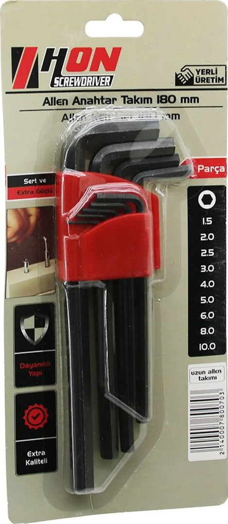 9pcs Siyah Uzun - Düz 180mm Alyan Allen Anahtar Takımı Brkt-80070