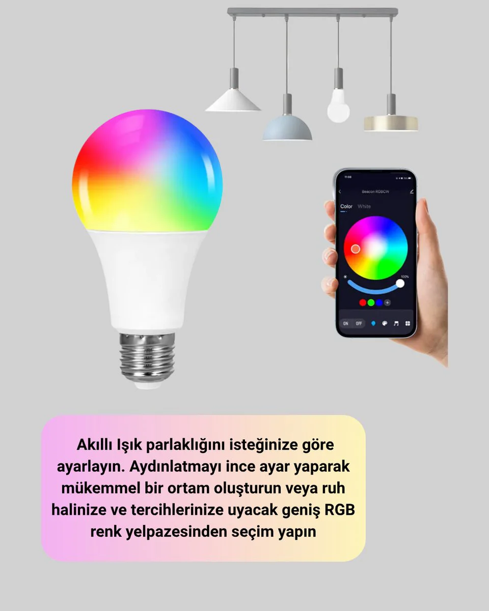 9W Akıllı LED Ampul - RGBW 16 Milyon Renk, Wi-Fi Kontrollü, Düşük Enerji