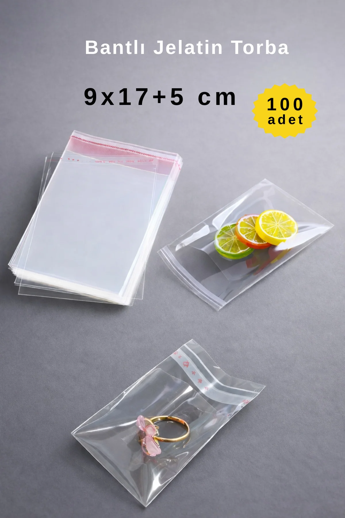 9x17+5 cm Bantlı Şeffaf Jelatin Torba - 100 Adet - Dayanıklı Yırt