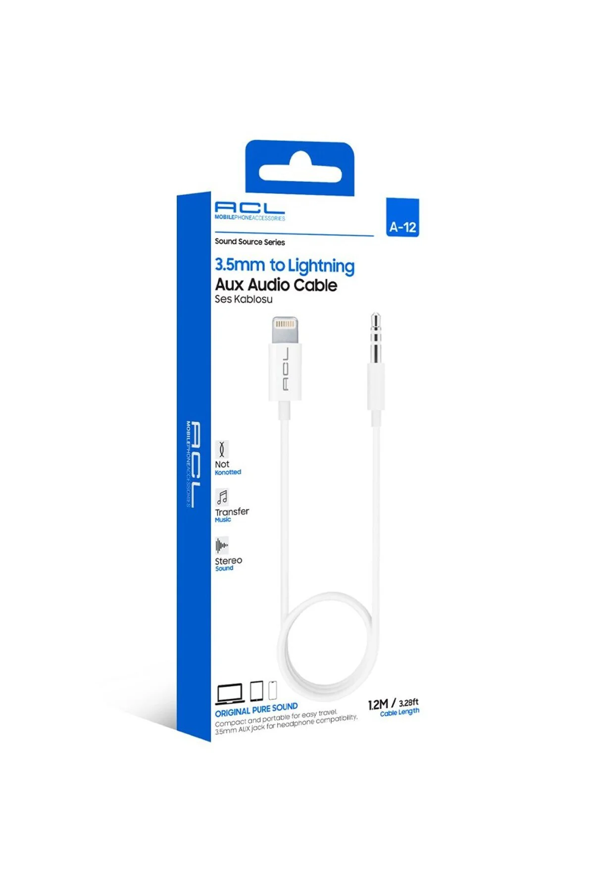 A-12 1.2 Metre 3.5mm to Lightning Düğümlenmez Premium Aux Ses Kablosu (iPhone Uyumlu)