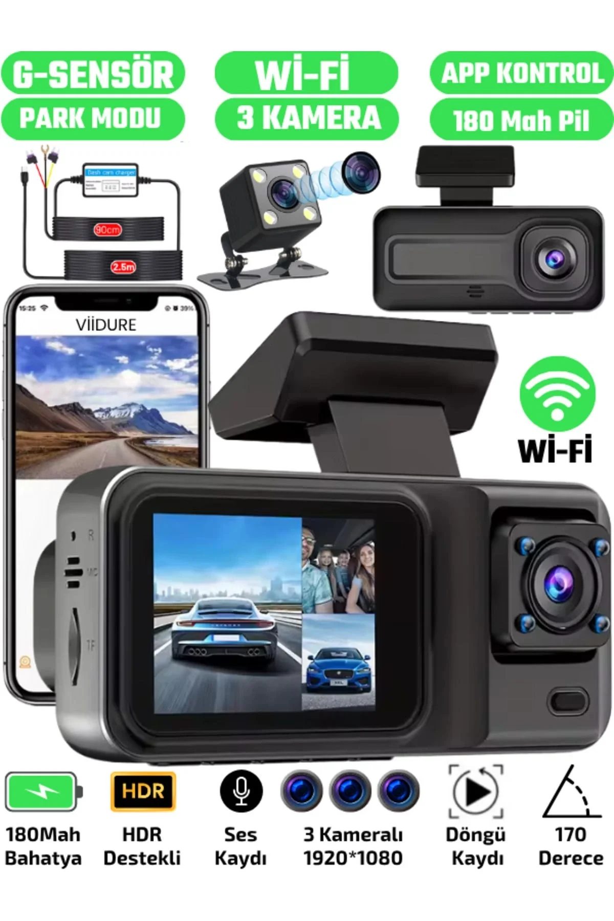 A-98 WiFi Full HD 3 Kameralı Araç İçi Güvenlik Kamerası + Park Mo