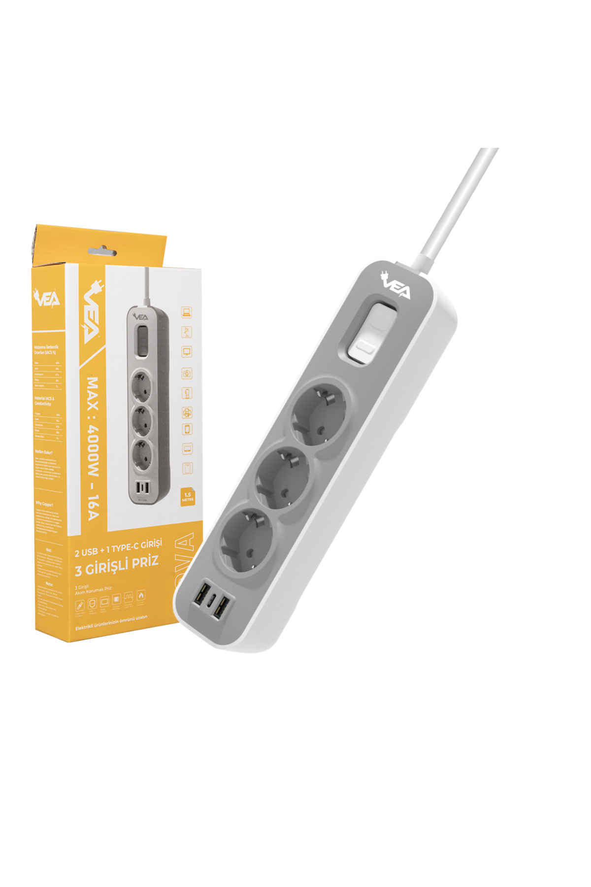 A Class 3 lü 2 USB + TYPE-C Destekli Anahtarlı 1.5 Metre Çocuk Korumalı Grup Priz Malezya Üretimi