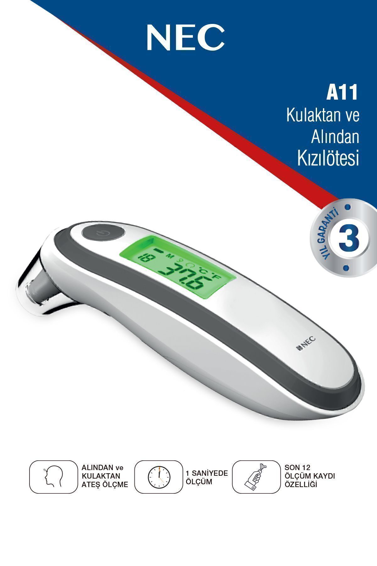 Nec A11 Geniş Ekranli Kulaktan Ve Alindan Dijital Temassiz Ateş Ölçer