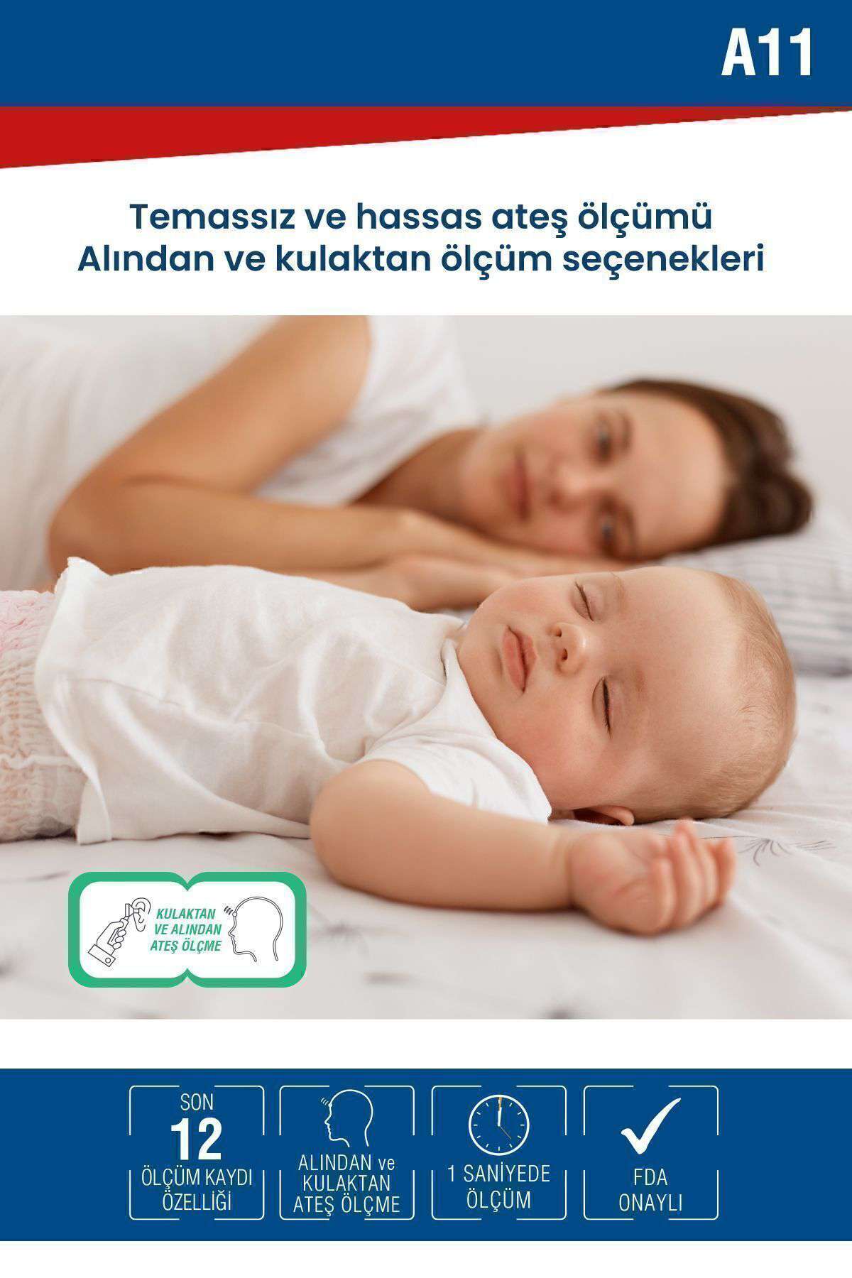 A11 Geniş Ekranlı Kulaktan Ve Alından Dijital Temassız Ateş Ölçer