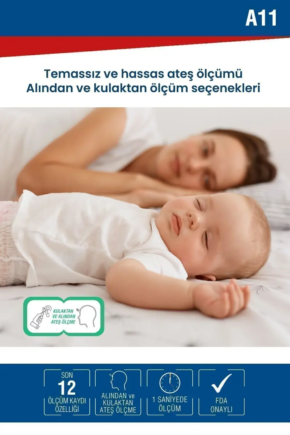 A11 Geniş Ekranlı Kulaktan Ve Alından Dijital Temassız Ateş Ölçer