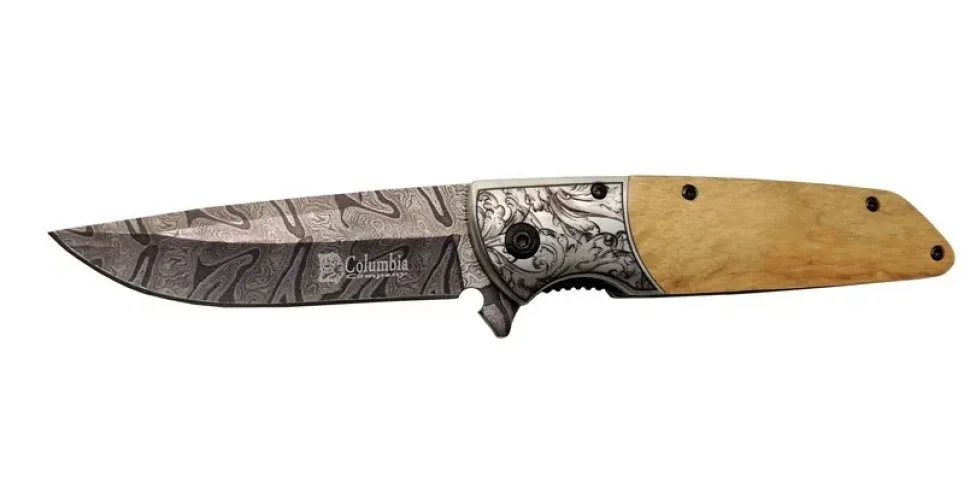 A2150C Kahve Kamp Çakısı 21cm- Manuel, Ahşap İşlemeli Sap,Kemerlikli
