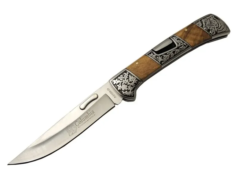 A3159-D Kahverengi Kamp Çakı 23,5cm- Ahşap Sap, Kaplan İşlemeli, Kemerlikli