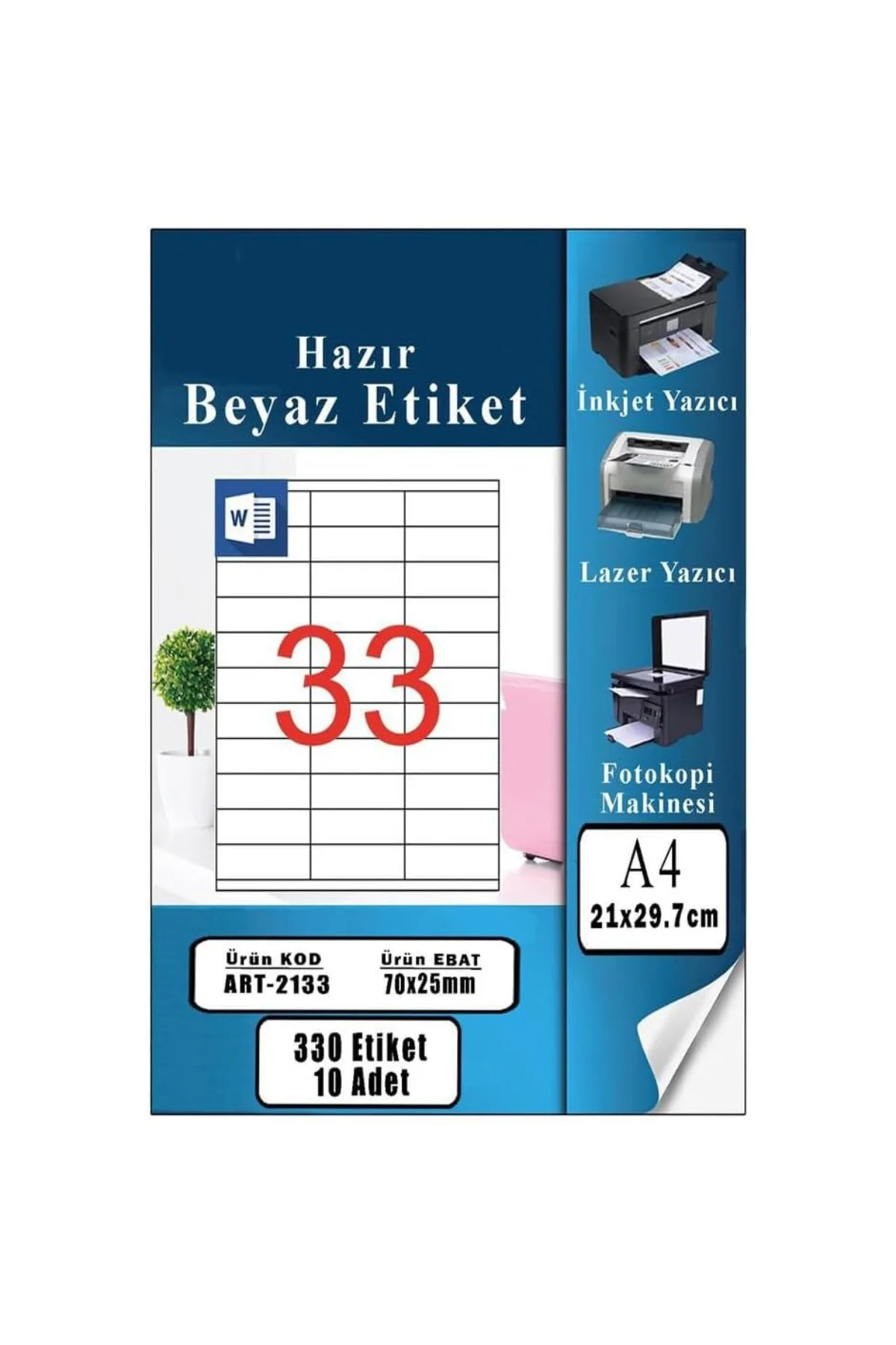 A4 Hazır Etiket 70x25 mm 10 Sayfa 1 Paket 33 lü Kendinden Yapışka