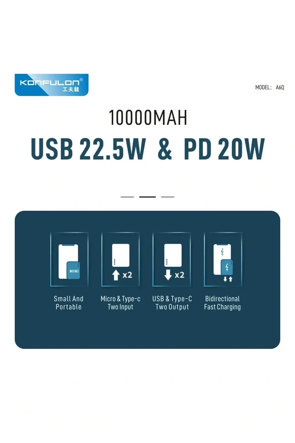 A6Q 22.5W Usb 3.0 ve 20W Type-C Çıkışlı 10.000 mAh PD Powerbank -