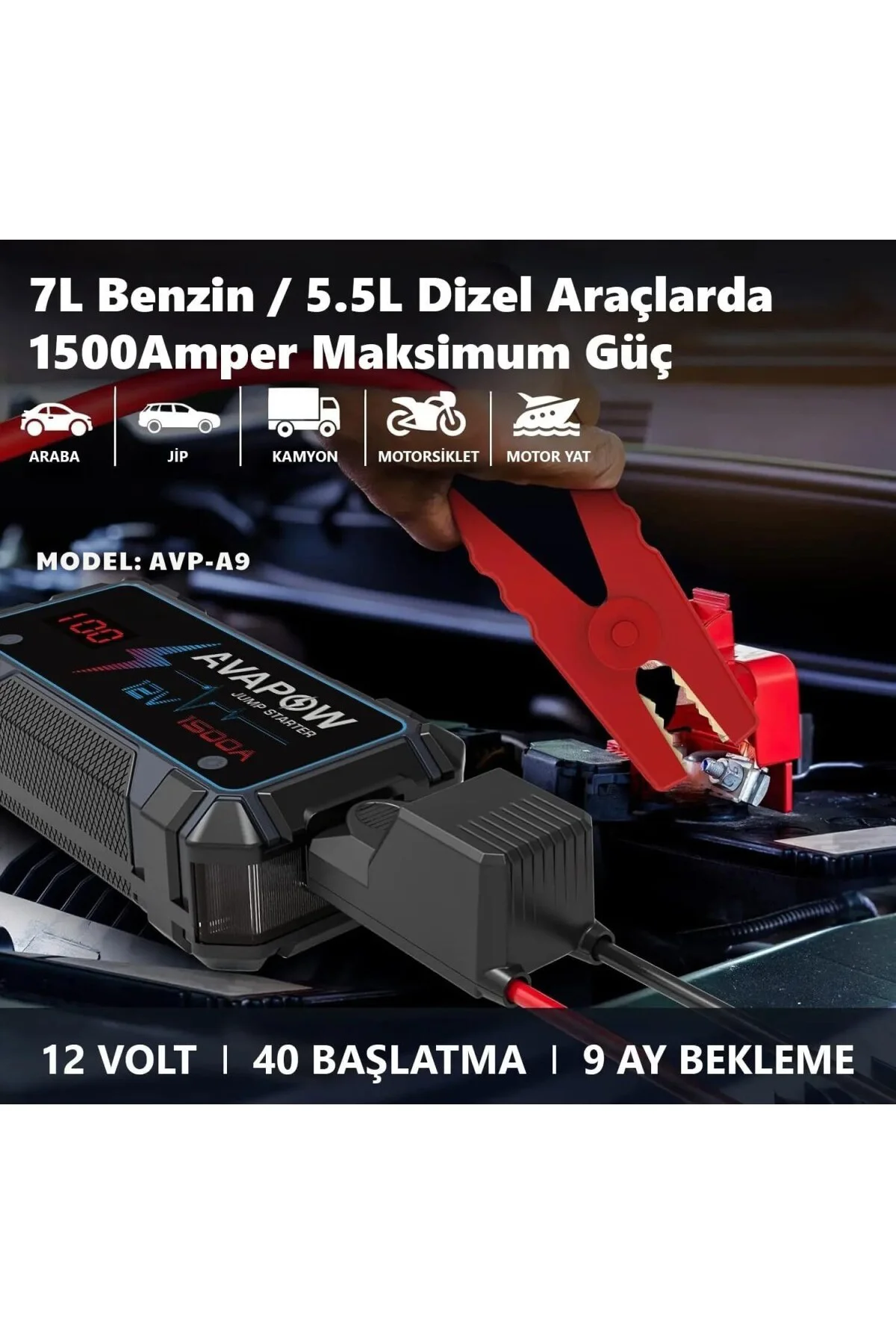 A9 29.6WH/8000MAH 1500A Jump Starter Taşınabilir Akü Takviye Kiti (Powerbank + LCD + LE