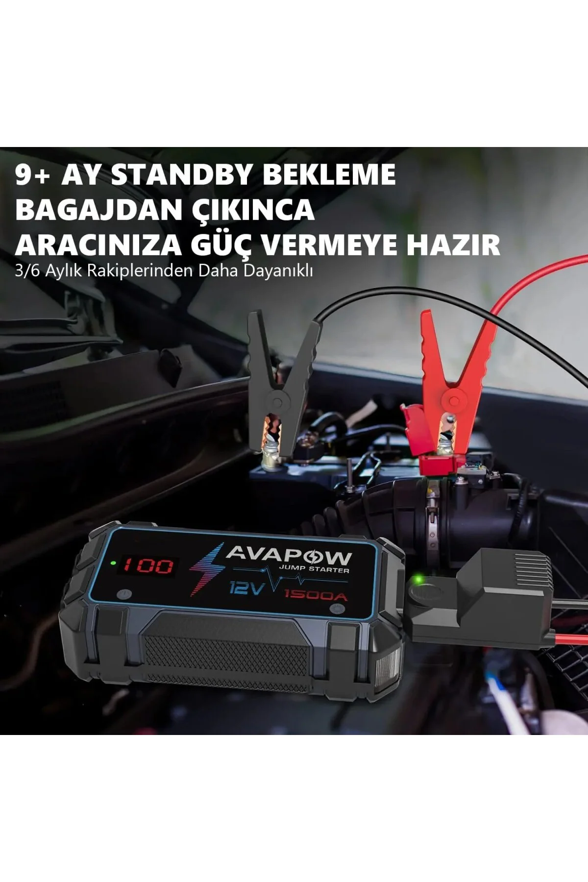 A9 29.6WH/8000MAH 1500A Jump Starter Taşınabilir Akü Takviye Kiti (Powerbank + LCD + LE