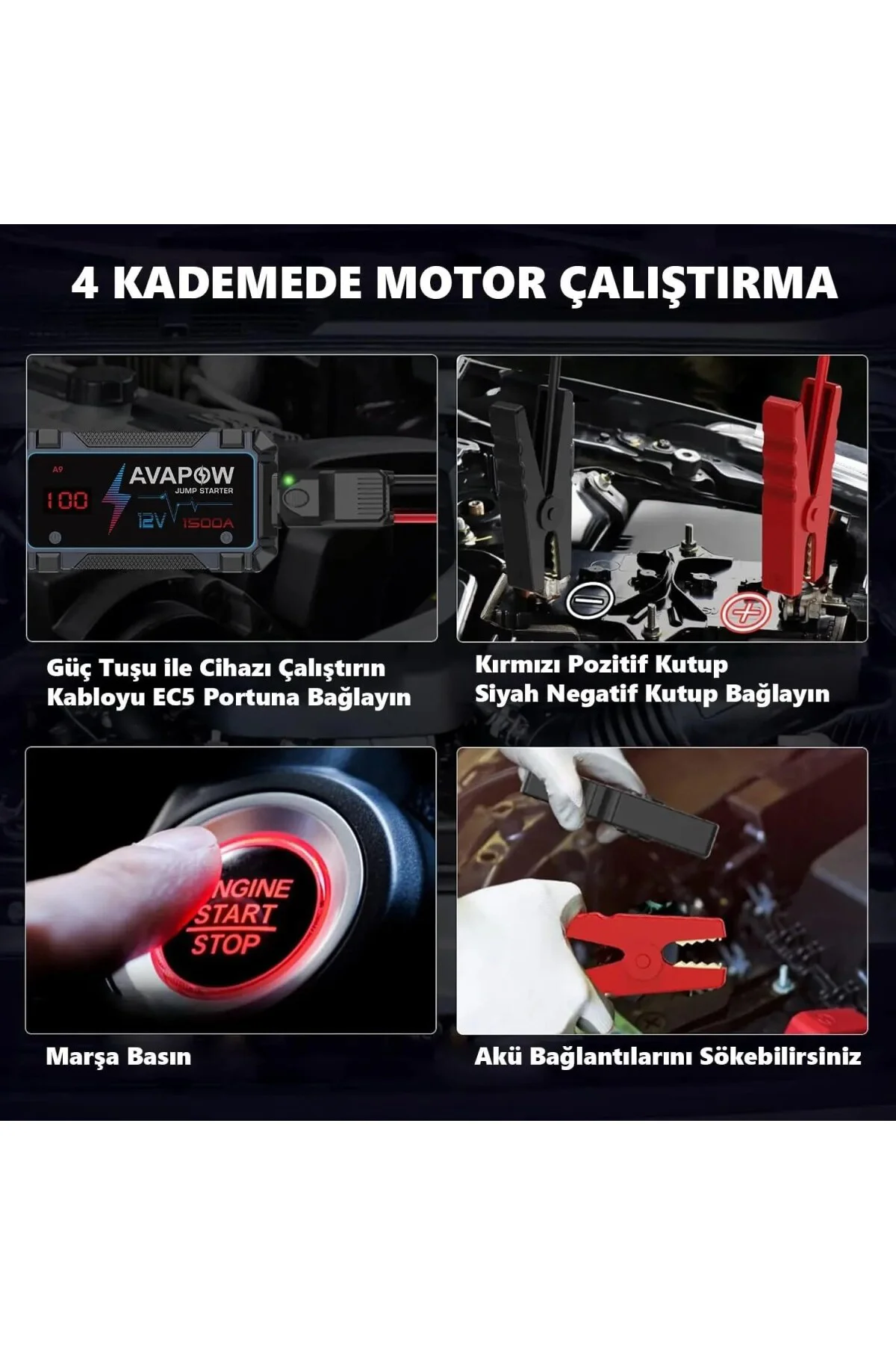 A9 29.6WH/8000MAH 1500A Jump Starter Taşınabilir Akü Takviye Kiti (Powerbank + LCD + LE
