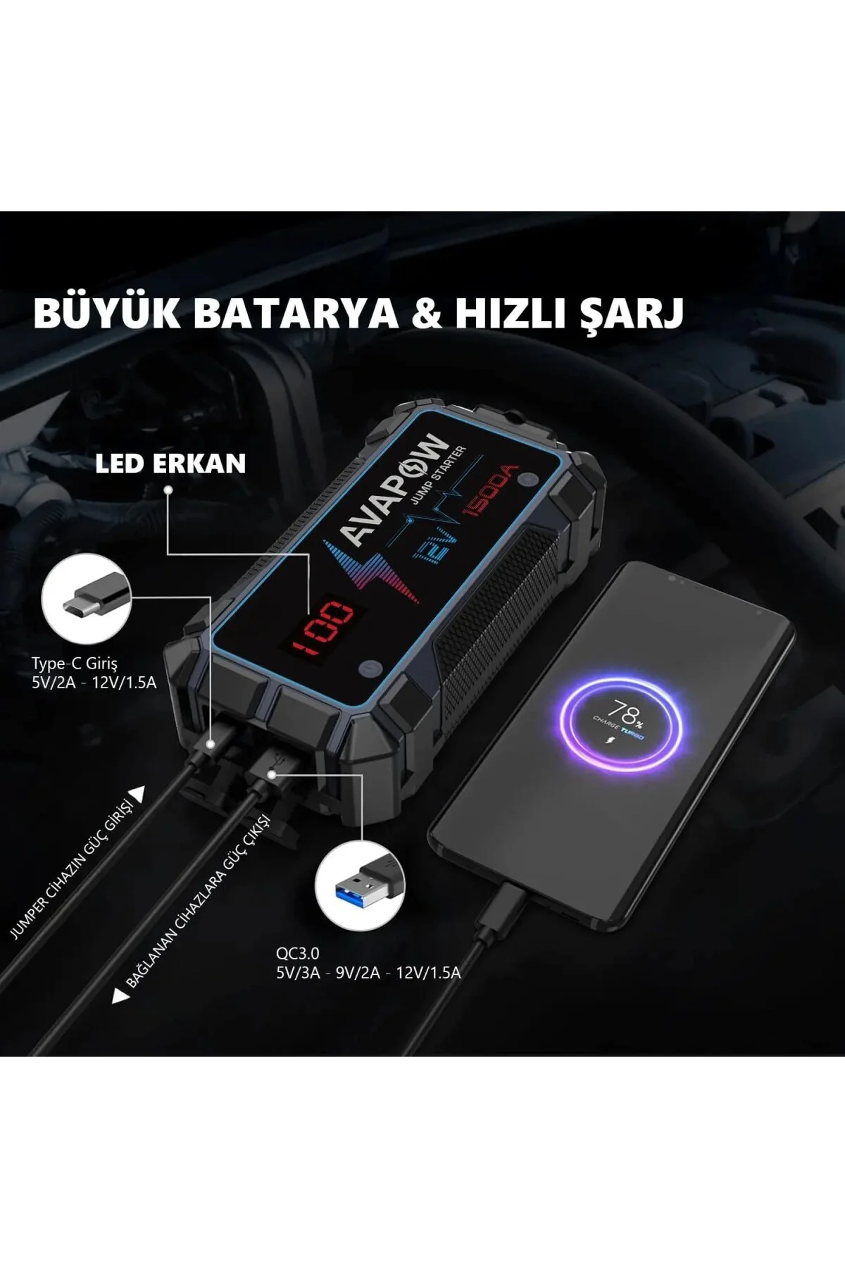 A9 29.6WH/8000MAH 1500A Jump Starter Taşınabilir Akü Takviye Kiti (Powerbank + LCD + LE
