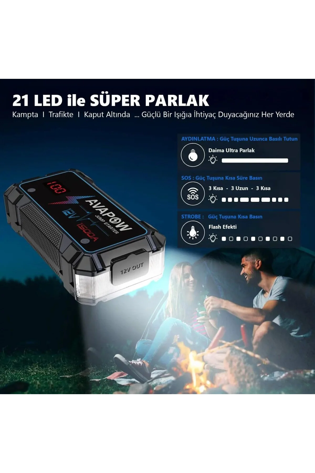 A9 29.6WH/8000MAH 1500A Jump Starter Taşınabilir Akü Takviye Kiti (Powerbank + LCD + LE