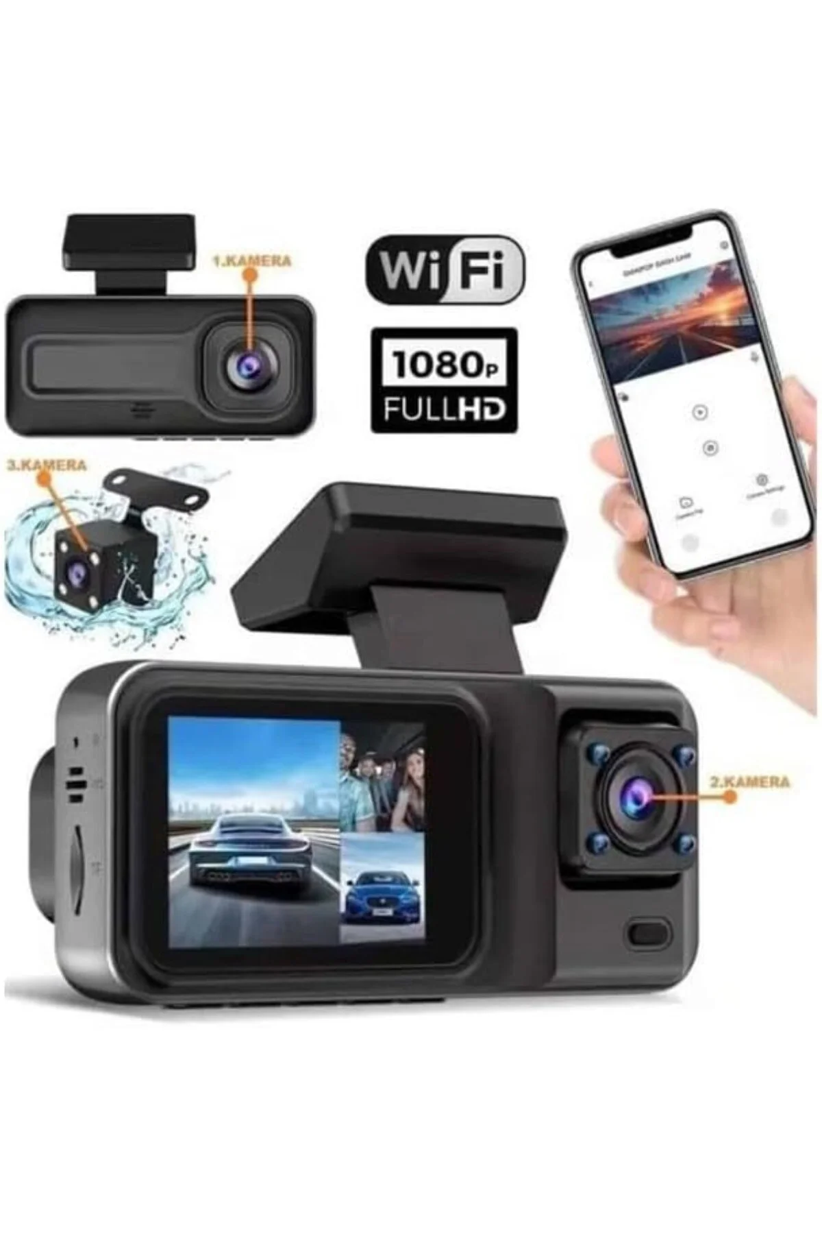 A98 BalckBox DVR WiFi Full HD 1080P 3 Kameralı Araç İçi Güvenlik 