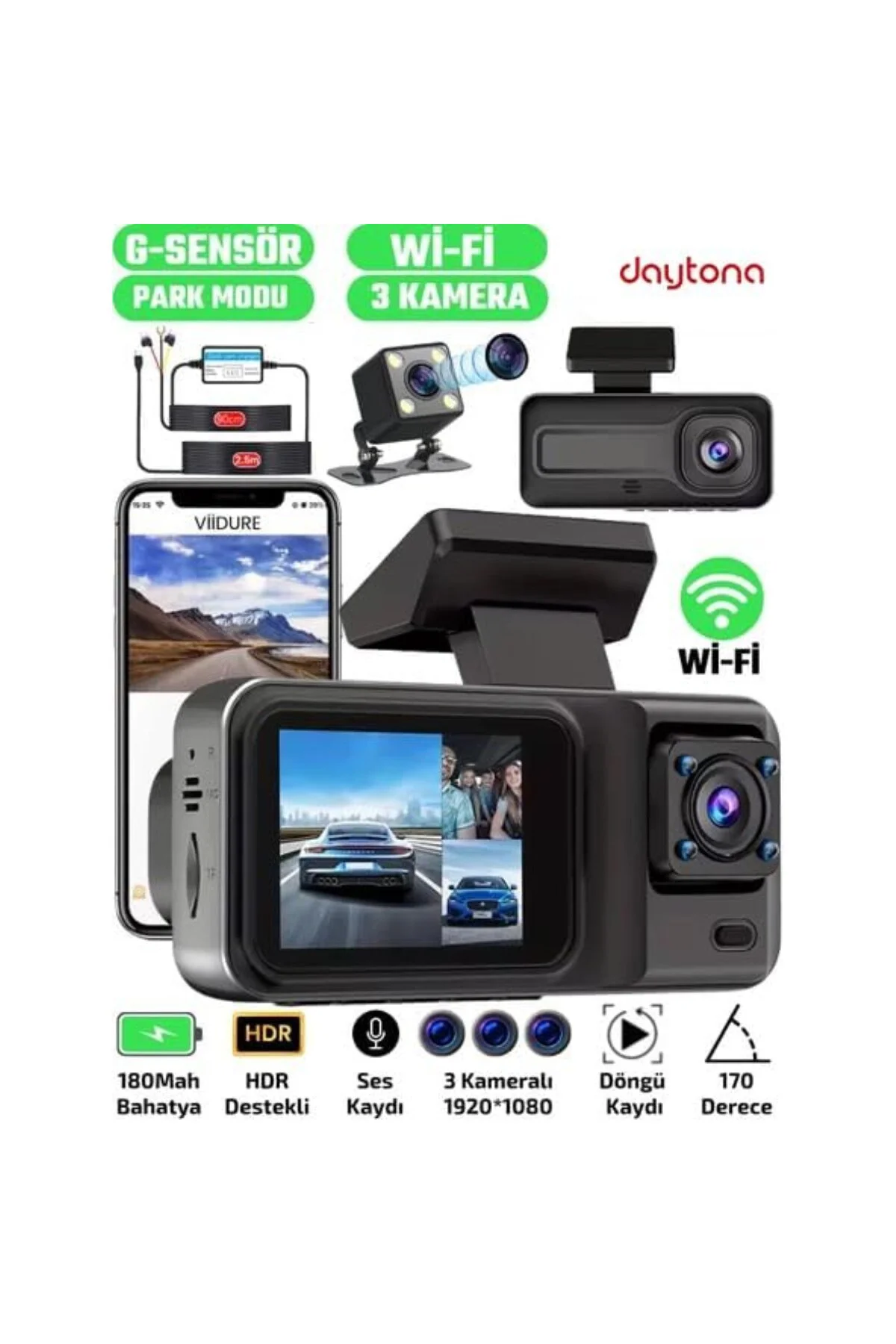 A98 BalckBox DVR WiFi Full HD 1080P 3 Kameralı Araç İçi Güvenlik 