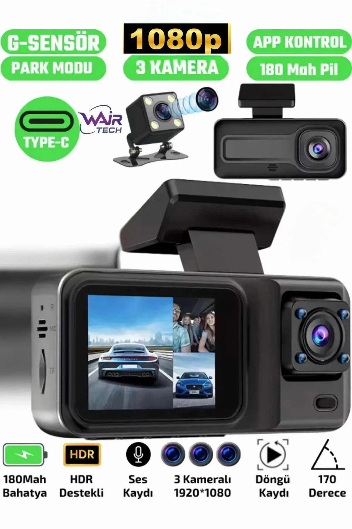 A98 Full Hd 3 Kameralı Araç Içi Güvenlik Kamerası 64gb Uyumlu Ir 