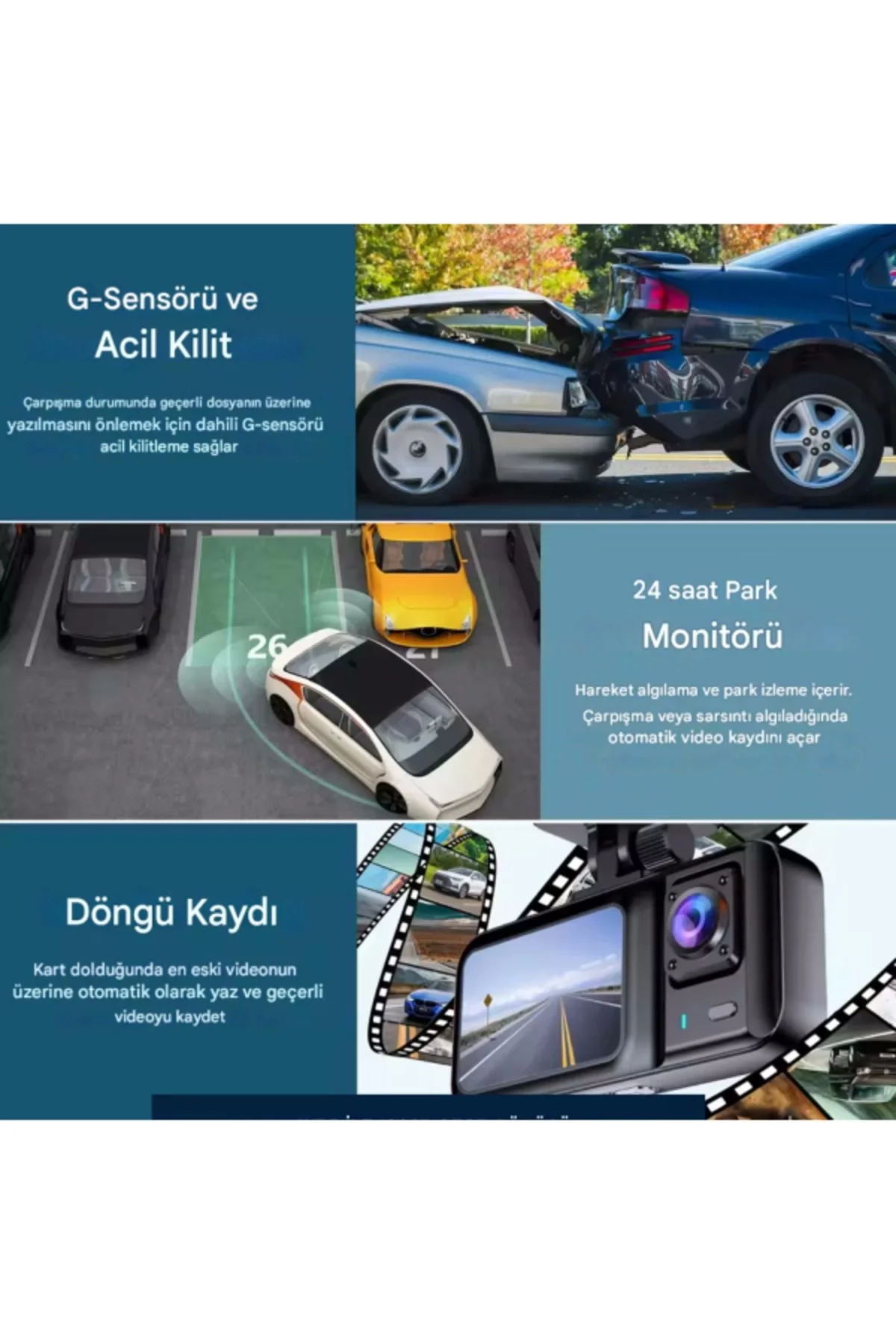 A98 Full Hd 3 Kameralı Araç Içi Güvenlik Kamerası 64gb Uyumlu Ir 