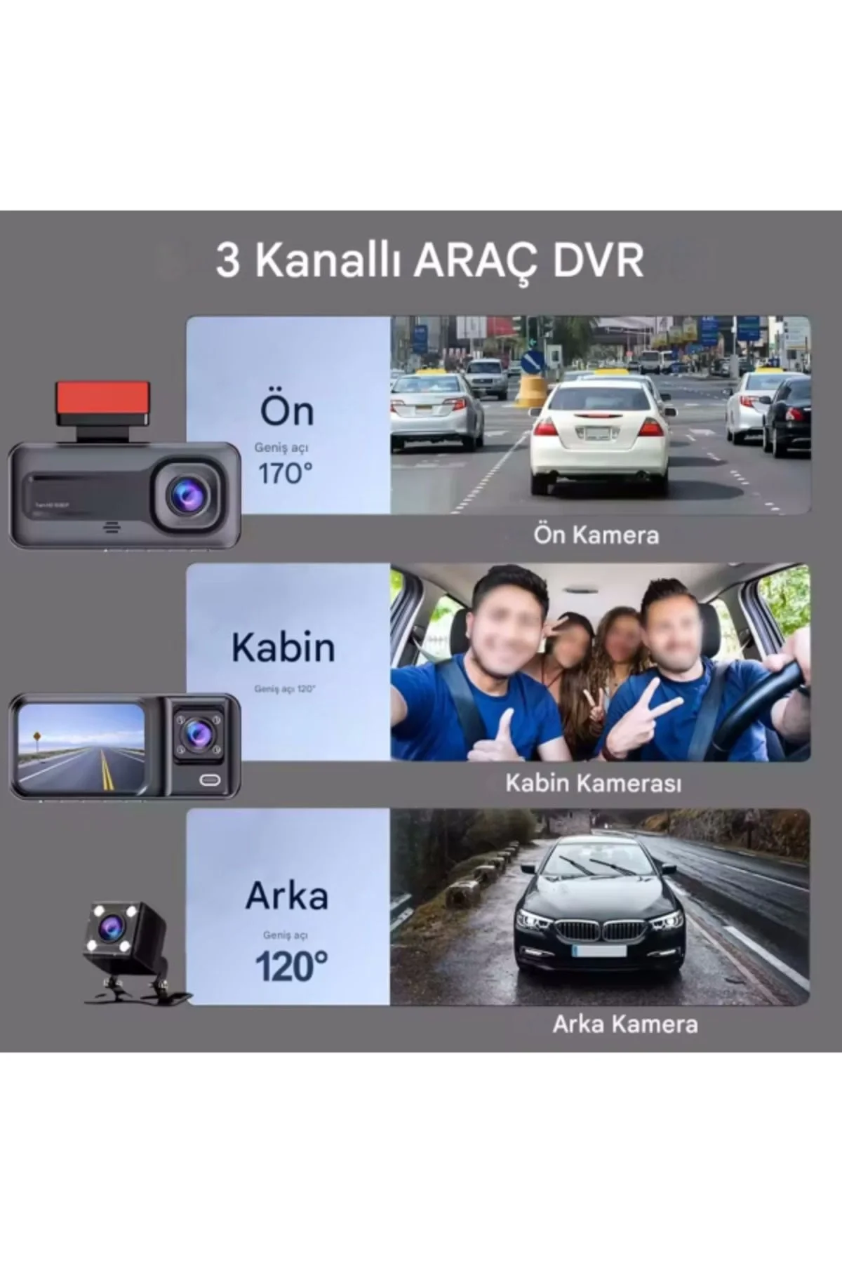 A98 Full Hd 3 Kameralı Araç Içi Güvenlik Kamerası 64gb Uyumlu Ir Gece Görüşü, Ön-arka-iç Kayıt