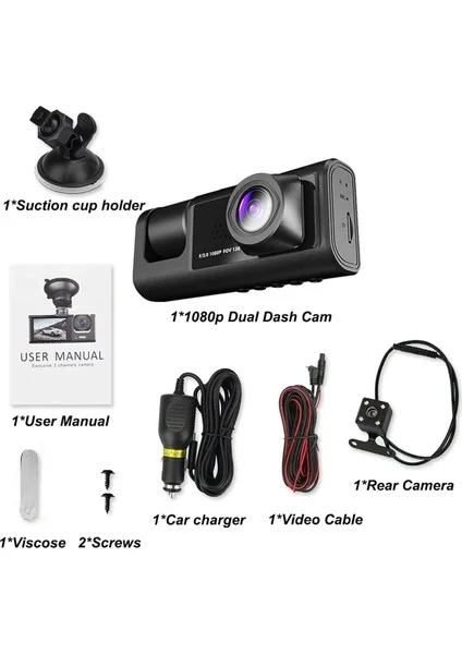 A98 Tipi WiFi Full HD 3 Kameralı Araç İçi Güvenlik Kamerası Gece Görüşlü G Sensörlü