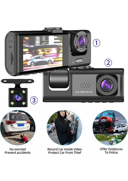 A98 Tipi WiFi Full HD 3 Kameralı Araç İçi Güvenlik Kamerası Gece Görüşlü G Sensörlü