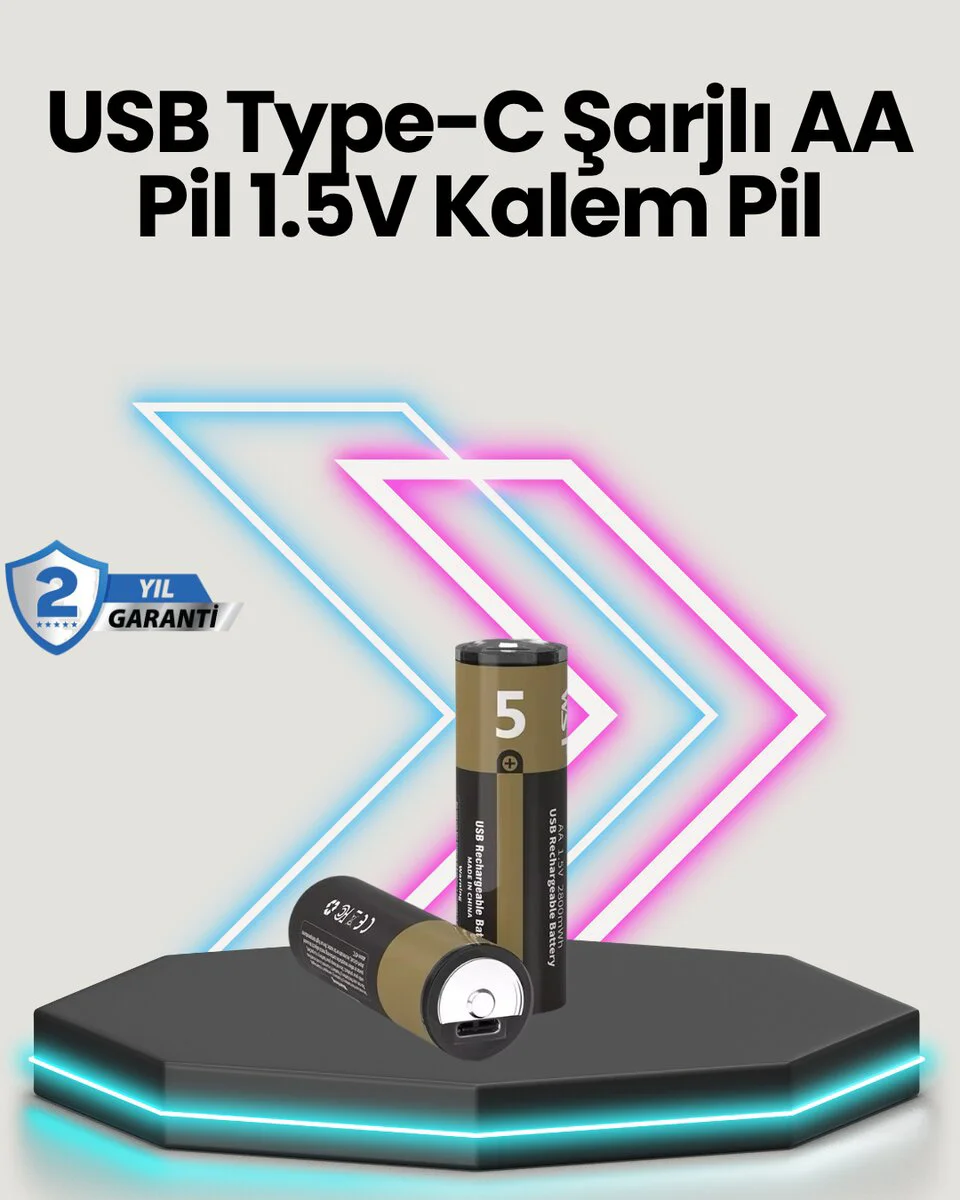 AA Lityum Pil 1.5V Sabit Güç | USB Şarjlı ve 2’li Paket