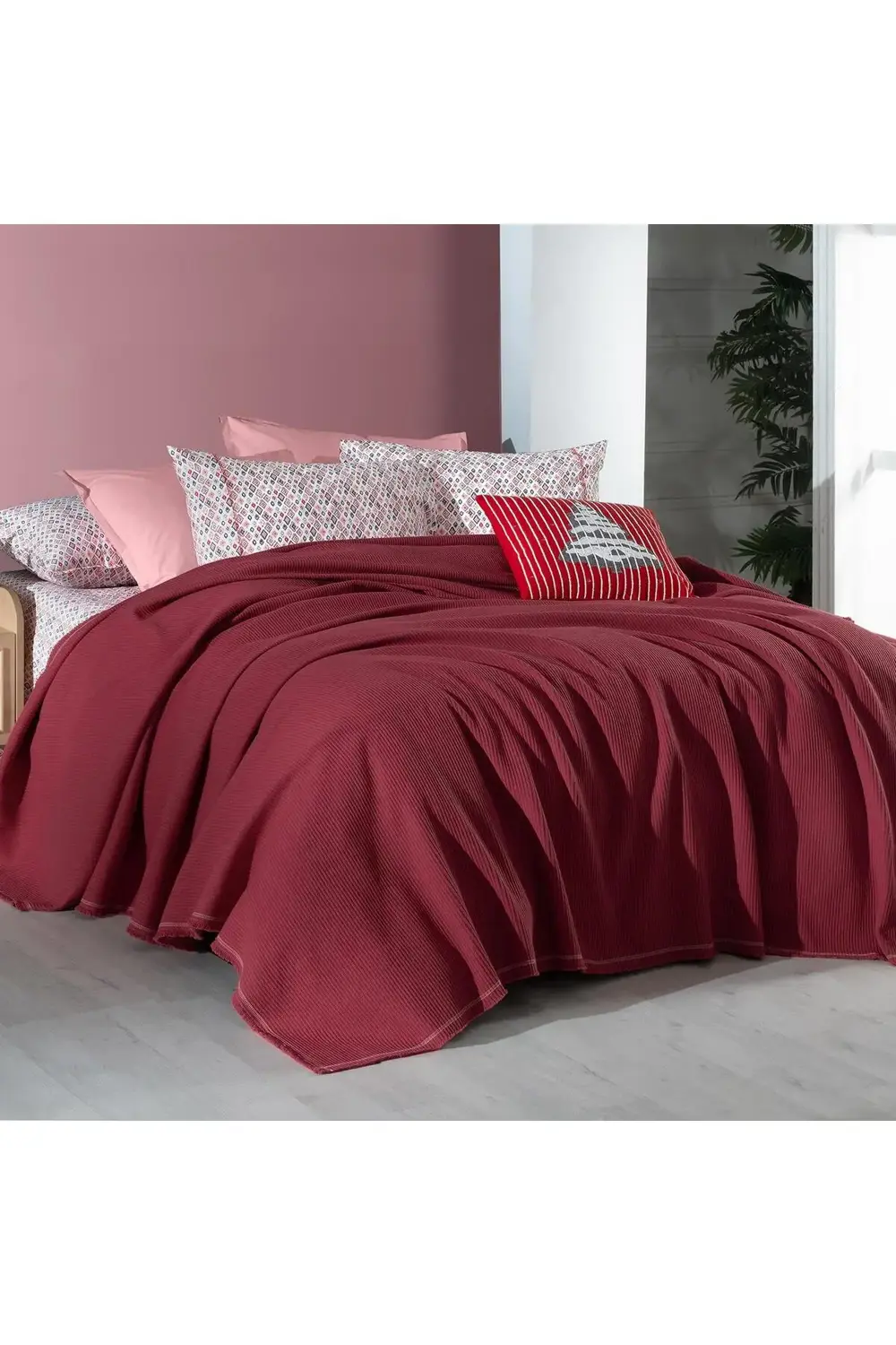 Sarev Abel Kırmızı Çift Kişilik %100 Pamuk Pike Takımı