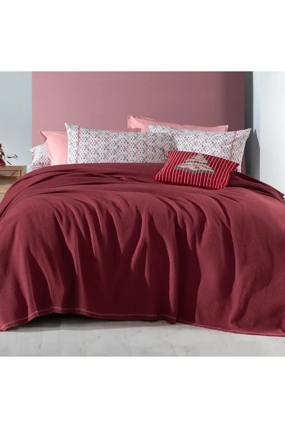 Sarev Abel Kırmızı Çift Kişilik %100 Pamuk Pike Takımı