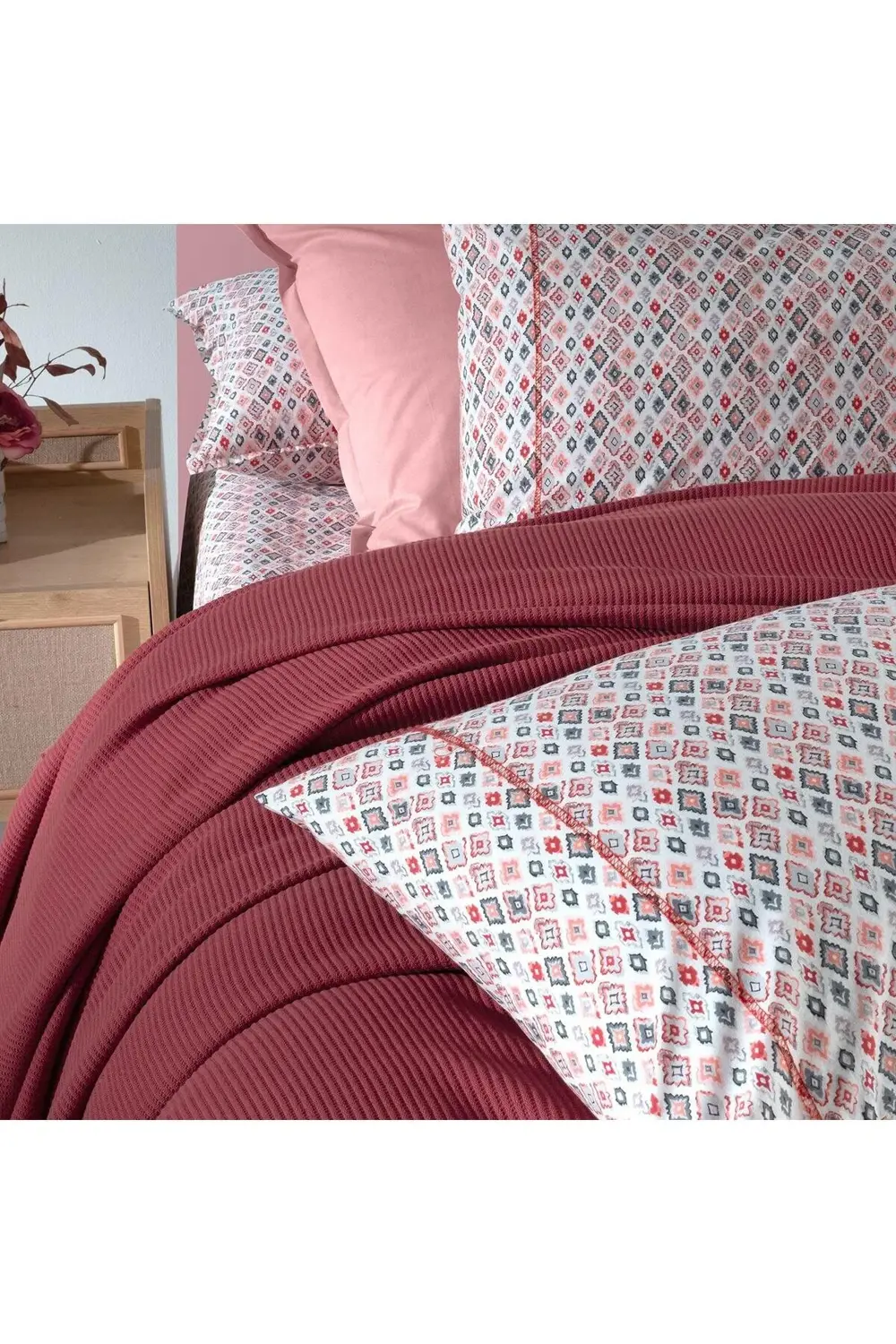 Sarev Abel Kırmızı Çift Kişilik %100 Pamuk Pike Takımı