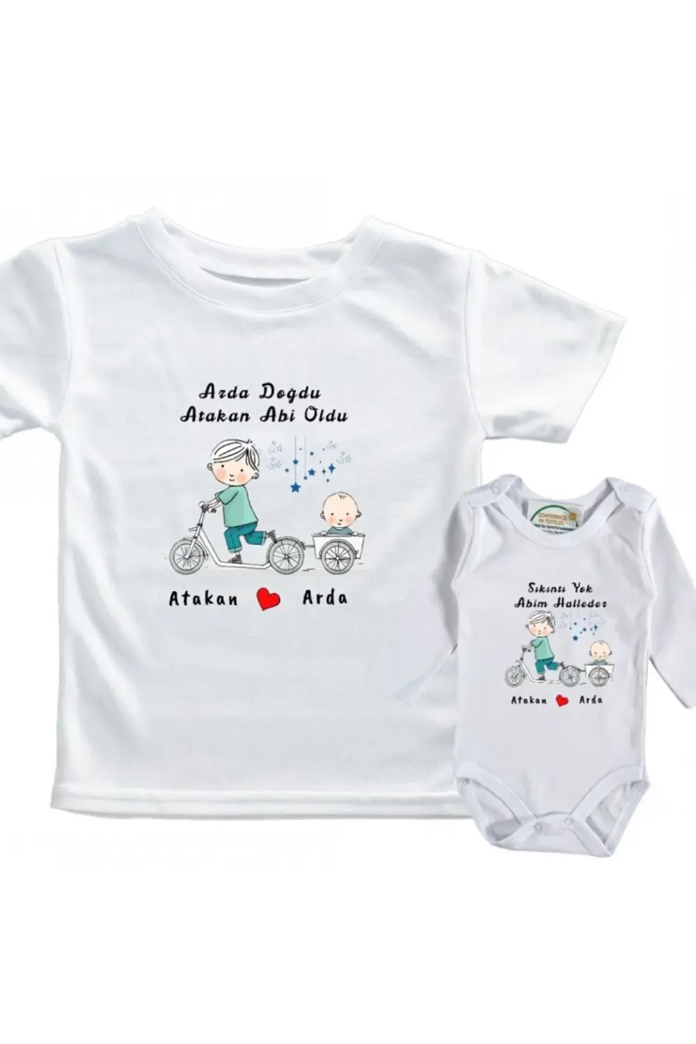 Abi Kardeş Bisiklet temalı Yazılı Kişiye Özel Çocuk 2'li Kombin