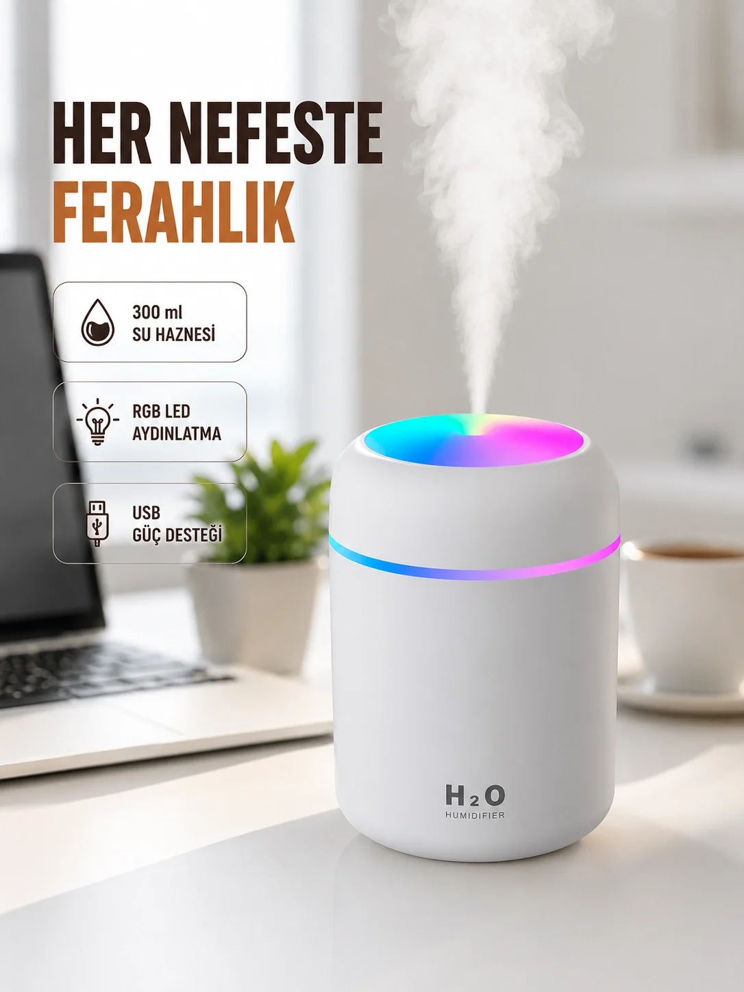 ABS Gövdeli 300ml USB Nemlendirici – Beyaz, Gri, Pembe Renk