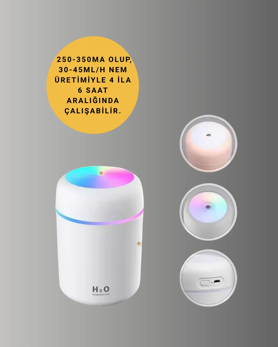 ABS Gövdeli 300ml USB Nemlendirici – Beyaz, Gri, Pembe Renk